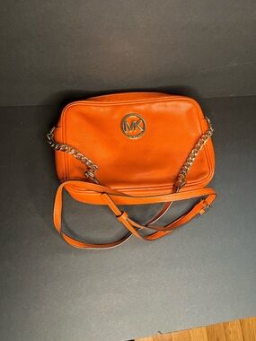 Michael Kors Bright Orange Pebbled Leather Chain-Strap Crossbody